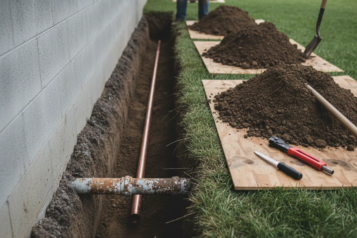 Excavated water line trench during Sewer Line Repair in Great Falls